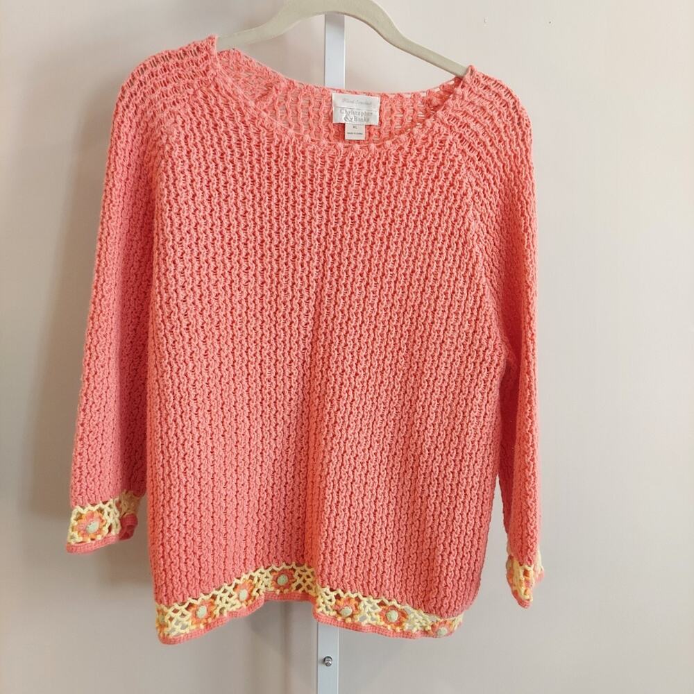 Christopher Banks XL Hand Crochet Sweater Flower Cottagecore‎ Preppy Grandmother